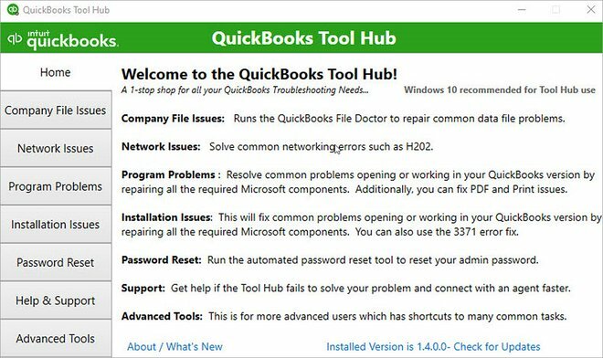 Welcome page of QuickBooks Tool Hub
